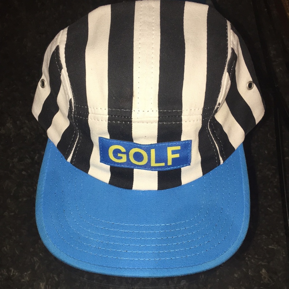 Black/white striped blue bill GOLF WANG 5 panel